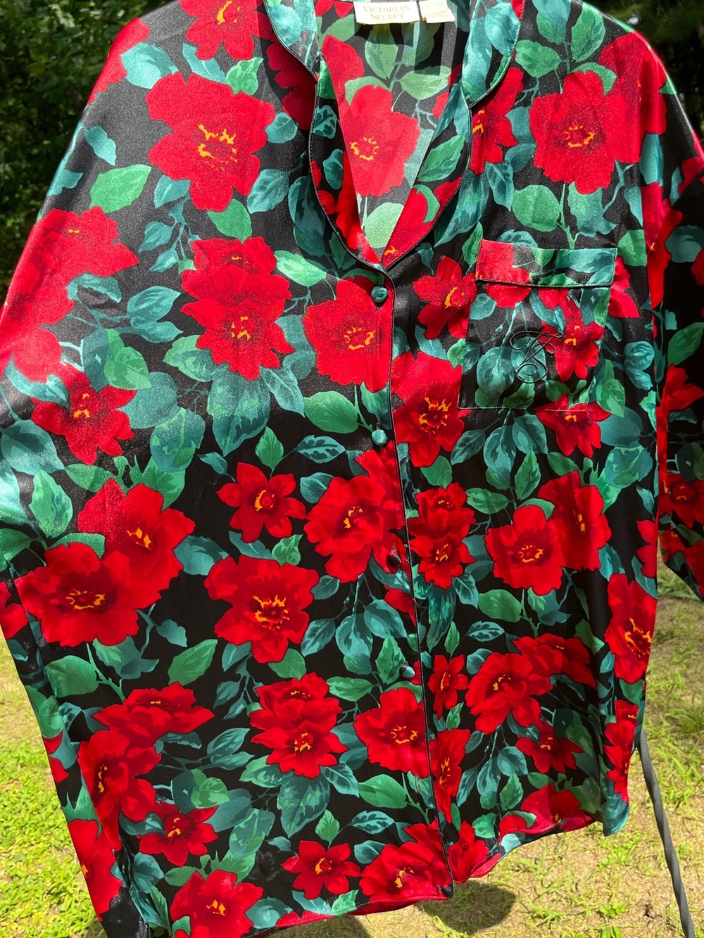 90s Victoria’s Secret Gold Tag Satin Floral Button-Up Pajama Shirt Glam Retro - Picture 12 of 15